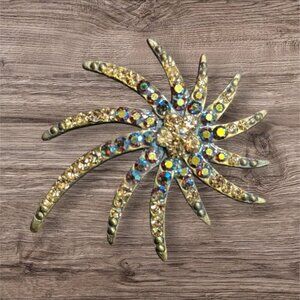 Vintage Starburst Rhinestone Brooch Pin With Multi-Color Crystals 2"